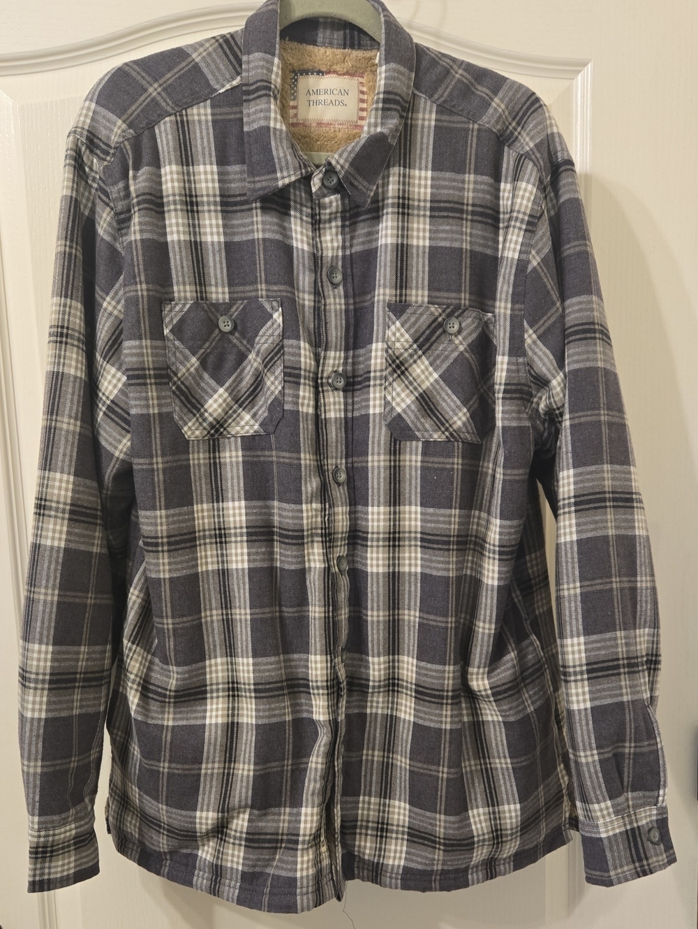 American Threads Gray and White Plaid Faux Fur Lined Shirt Jacket